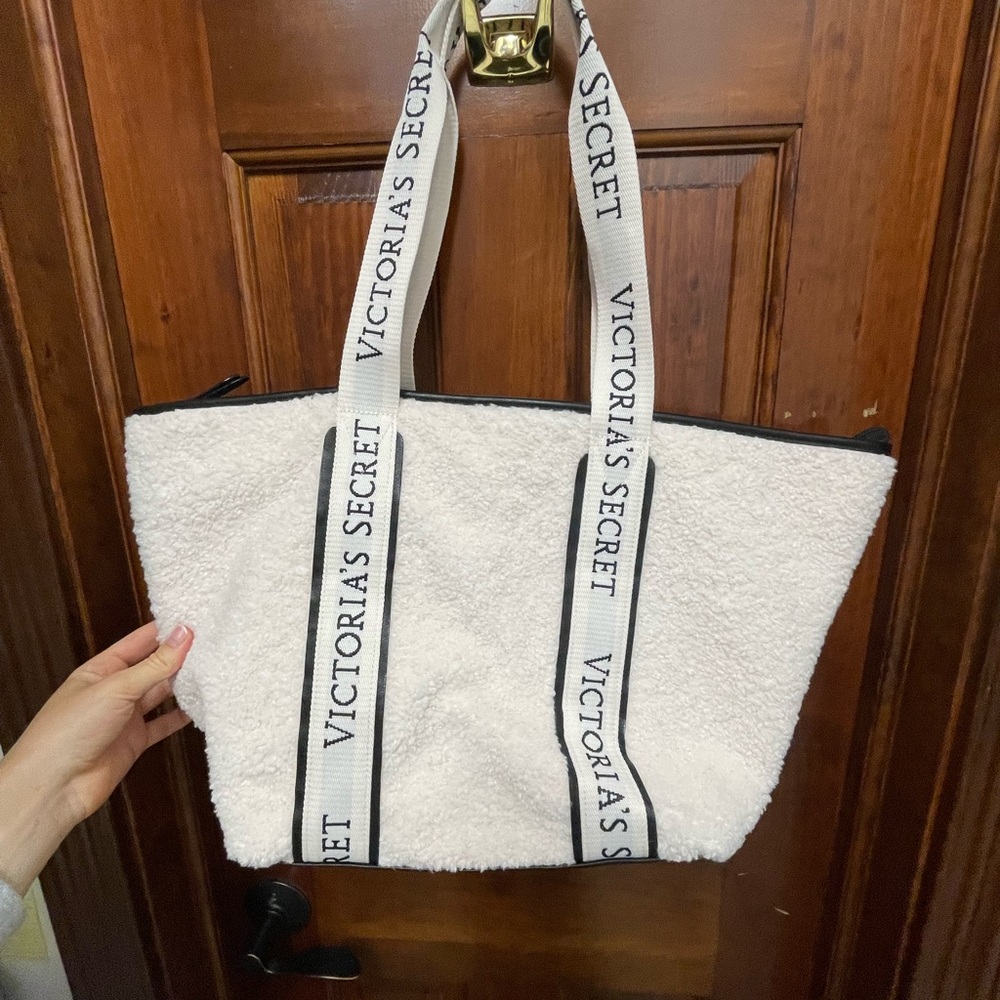 Victoria's Secret White Tote with Striped Straps